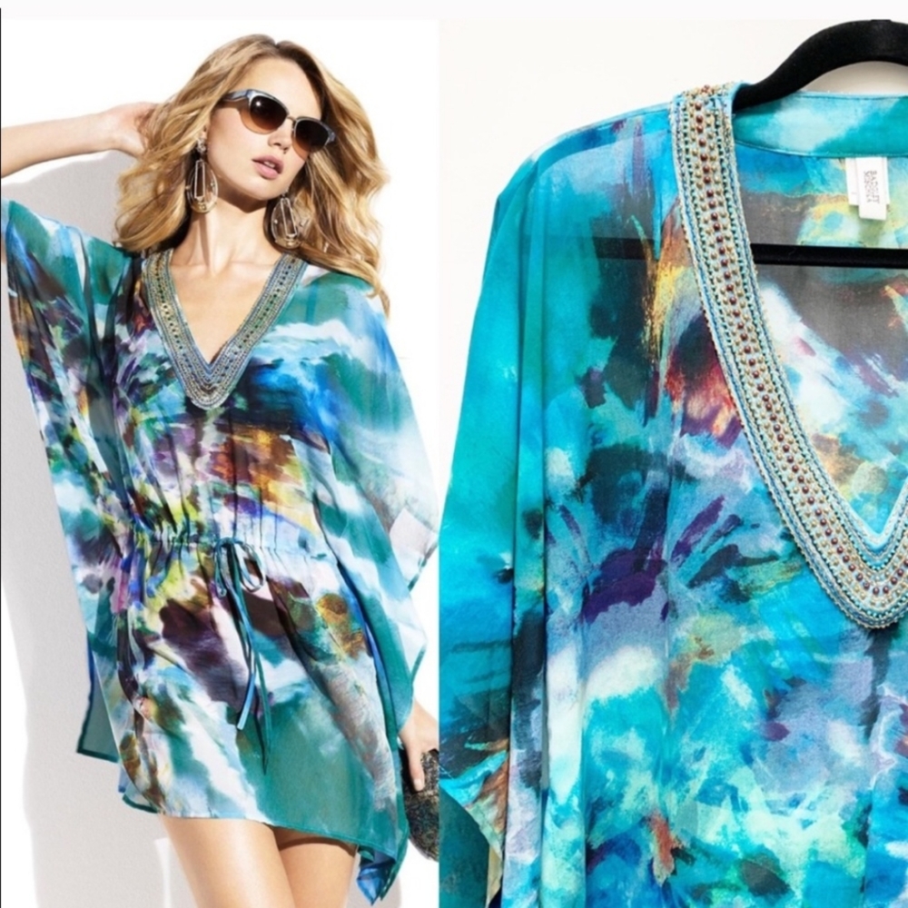 Badgley Mischka Celeste Beaded Tunic Swimsuit Cover Up Size Medium